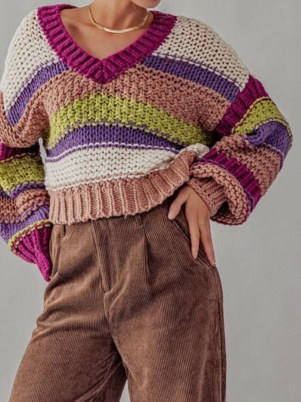 Apricot Lane Striped Multicolored Crop Chunky Sweater In Fuscia Size M/L NWT